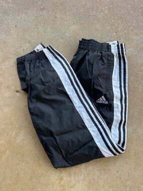 Vintage Adidas Black & White Nylon Track Pants With Elastic Waist & Striped Desi